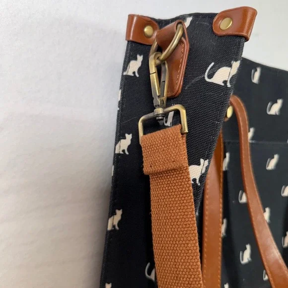 ModCloth Cat Print Tote Bag Purse Black Shoulder Bag with Strap - Picture 5 of 10